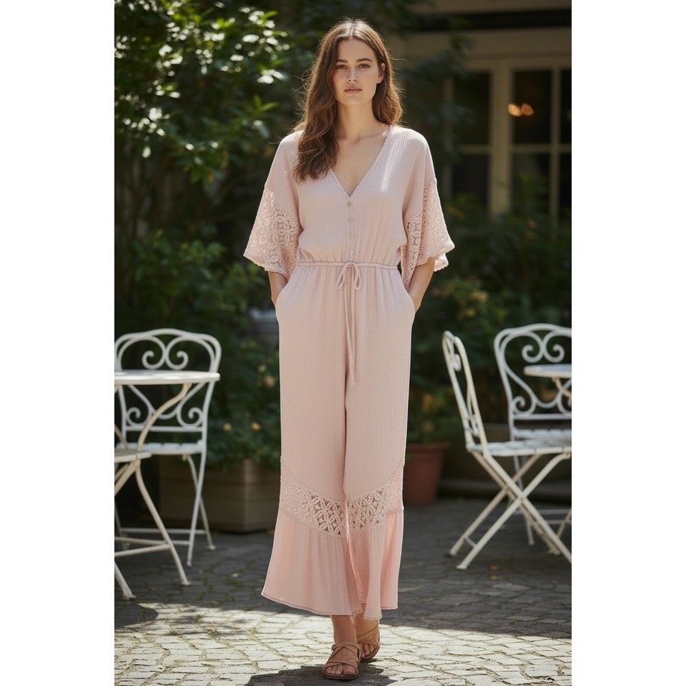 Boho crochet flowy crinkle Jumpsuit sz S Pink wide leg coastal cow girl lacy